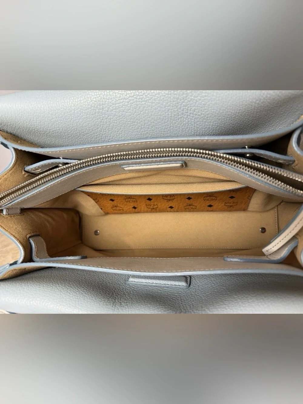 MCM Milla Gray Leather Handbag with Baby Blue Leather Trim